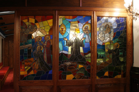Stained glass panel of St. Rafqa Chapel in Our Lady of Lebanon Maronite Catholic Cathedral - Brooklyn, N.Y. (photo: Steven E. Lawson)